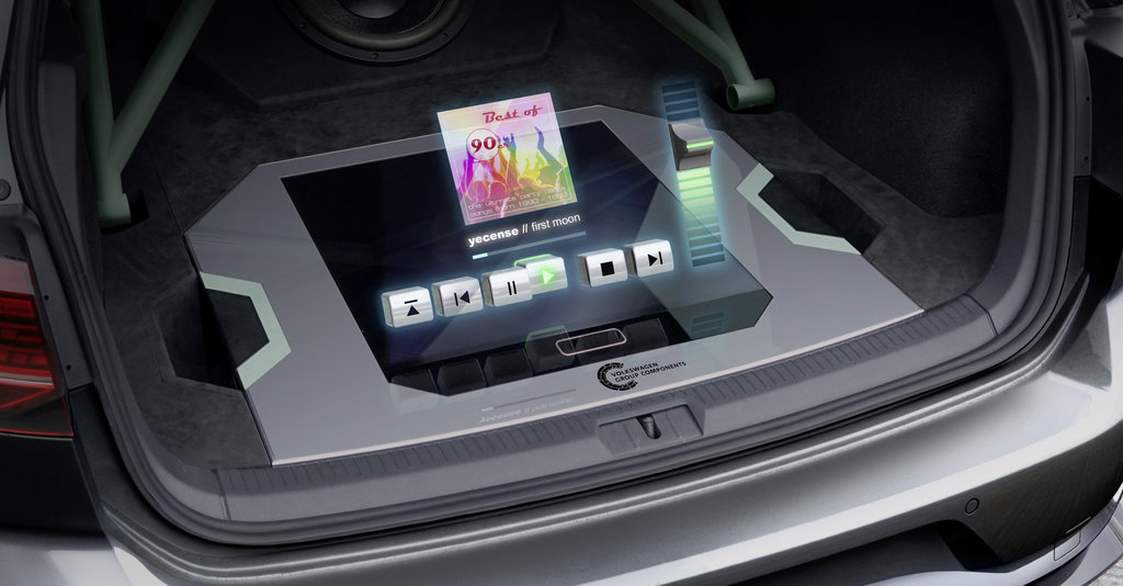 The compact hologram module, featuring floating controls that can be used to operate the high-end sound system, was developed by Group Components and installed in the luggage compartment.