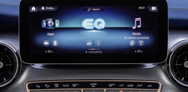 Der neue Mercedes-Benz EQV - Interieur, intuitive Mercedes-Benz User Experience (MBUX) mit 10-Zoll-Touchscreen;Stromverbrauch kombiniert: 27,0 kWh/100 km; CO2-Emissionen kombiniert: 0 g/km*, Angaben vorläufig The new Mercedes-Benz EQV – Interior, intuitive Mercedes-Benz User Experience (MBUX) with 10-inch touch screen;Combined power consumption: 27.0 kWh/100 km; combined CO2 emissions: 0 g/km*, provisional figures