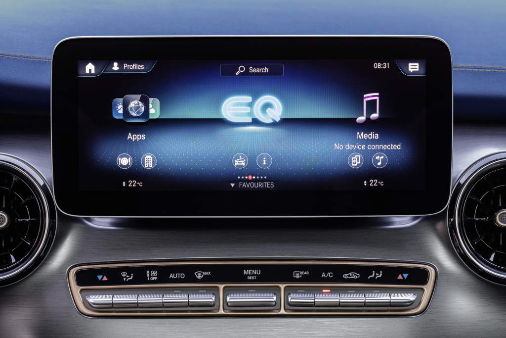 Der neue Mercedes-Benz EQV - Interieur, intuitive Mercedes-Benz User Experience (MBUX) mit 10-Zoll-Touchscreen;Stromverbrauch kombiniert: 27,0 kWh/100 km; CO2-Emissionen kombiniert: 0 g/km*, Angaben vorläufig The new Mercedes-Benz EQV – Interior, intuitive Mercedes-Benz User Experience (MBUX) with 10-inch touch screen;Combined power consumption: 27.0 kWh/100 km; combined CO2 emissions: 0 g/km*, provisional figures