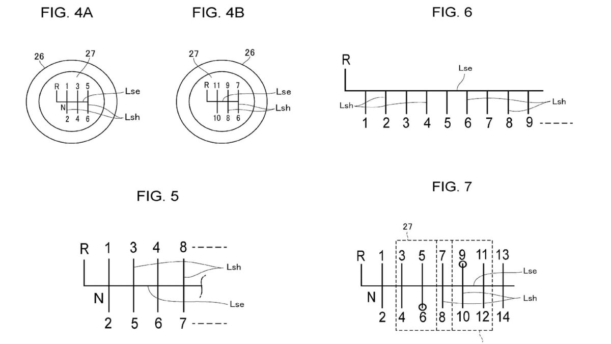 Patentový nákres na 14stupňovou manuální převodovku pro elektromobily Toyota