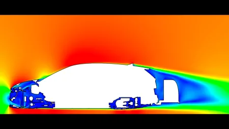 Simulace rozdílu aerodynamiky vozu se střešním boxem na tažném zařízení