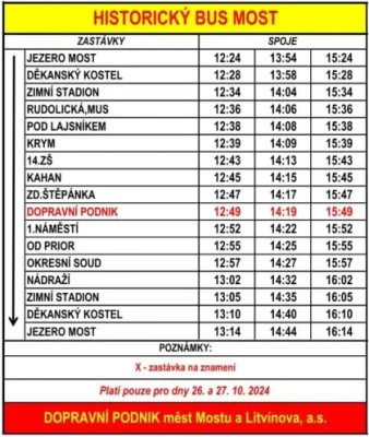 Jízdní řád historického autobusu - Most - říjen 2024 | Zdroj: DOPRAVNÍ PODNIK měst Mostu a Litvínova