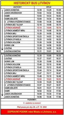 Jízdní řád historického autobusu - Litvínov - říjen 2024 | Zdroj: DOPRAVNÍ PODNIK měst Mostu a Litvínova