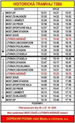 Jízdní řád historické tramvaje - říjen 2024 | Zdroj: DOPRAVNÍ PODNIK měst Mostu a Litvínova