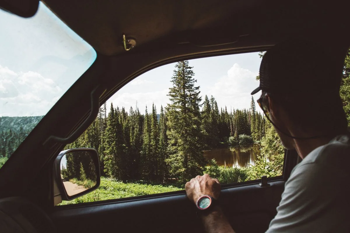 beautiful-shot-male-sitting-car-enjoying-view-pine-trees-near-pond