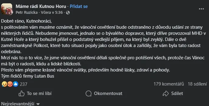 Záznam z facebookové skupiny "Máme rádi Kutnou Horu"