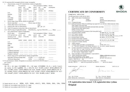 COC (Certificate of Conformity) pro Škoda Octavia